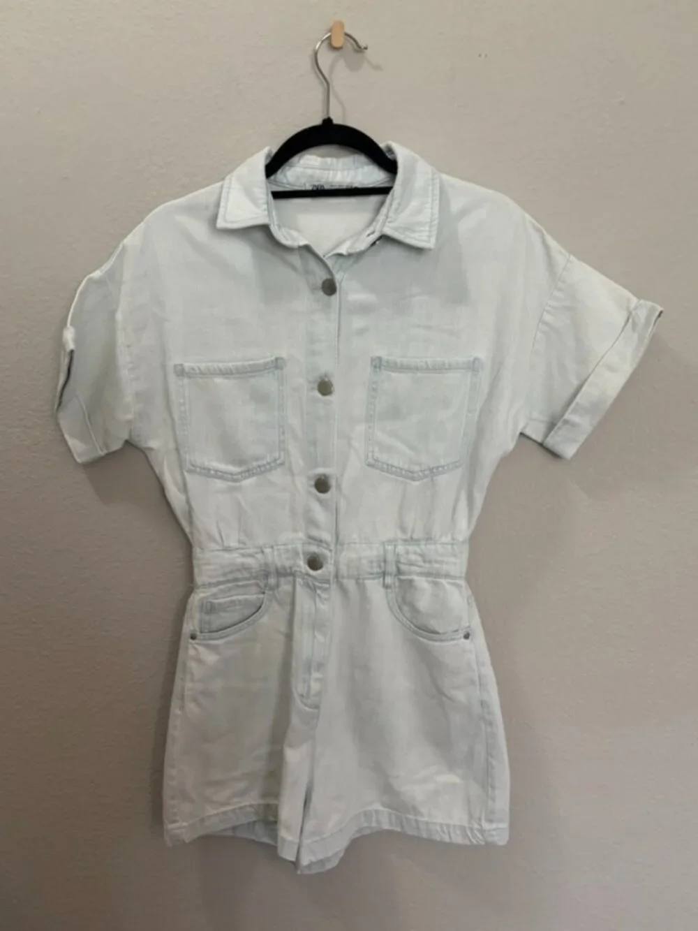 Zara Light Wash Denim Button Front Romper Size Small - Picture 1 of 3